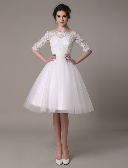 Exclusive Lace Wedding Dresses Short Off The Shoulder A Line Knee Length Rhinestone Bridal Dress