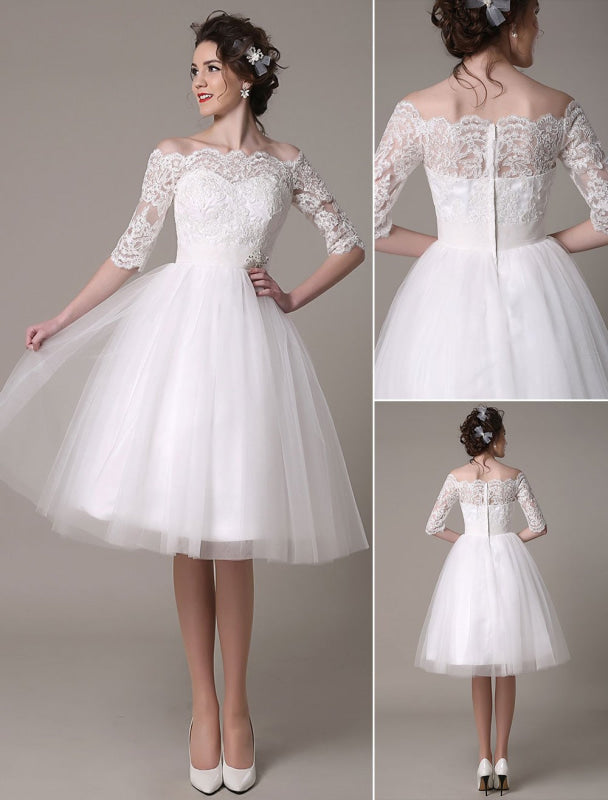 Exclusive Lace Wedding Dresses Short Off The Shoulder A Line Knee Length Rhinestone Bridal Dress