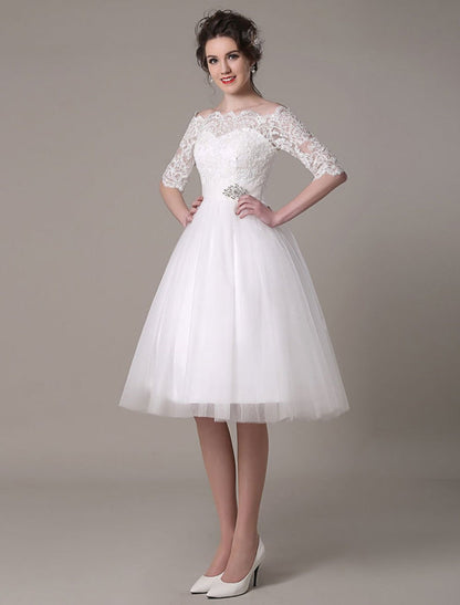Exclusive Lace Wedding Dresses Short Off The Shoulder A Line Knee Length Rhinestone Bridal Dress