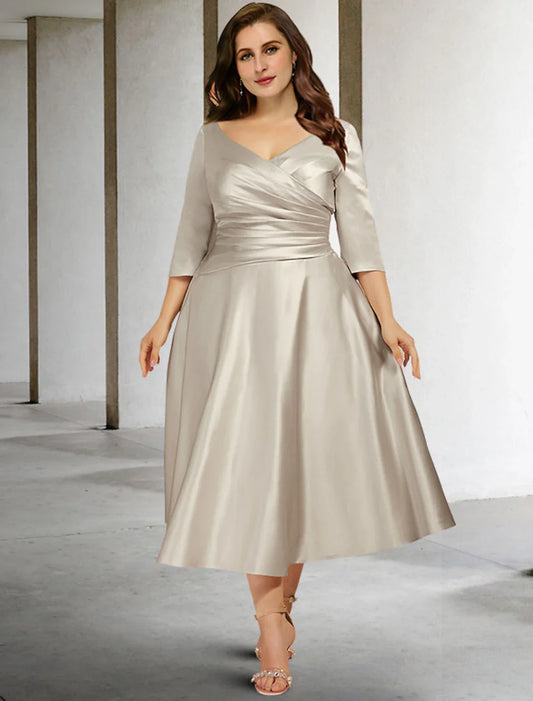 Aimishang A-Line Mother of the Bride Dresses Plus Size Hide Belly Curve Vintage Dress Formal Tea Length Sleeveless V Neck Satin with Ruched