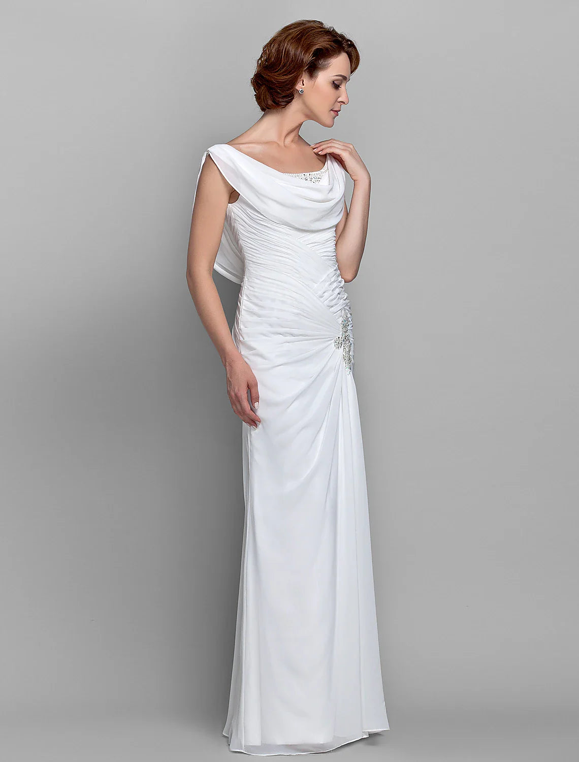 Aimishang Sheath / Column Mother of the Bride Dress Fall Wedding Guest Dresses Vintage Inspired Cowl Neck Floor Length Chiffon Sleeveless with Buttons Criss Cross Crystals