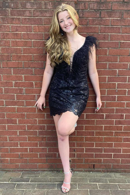 Black Sequin Plunge V Open Back Feathered Short Homecoming Dress