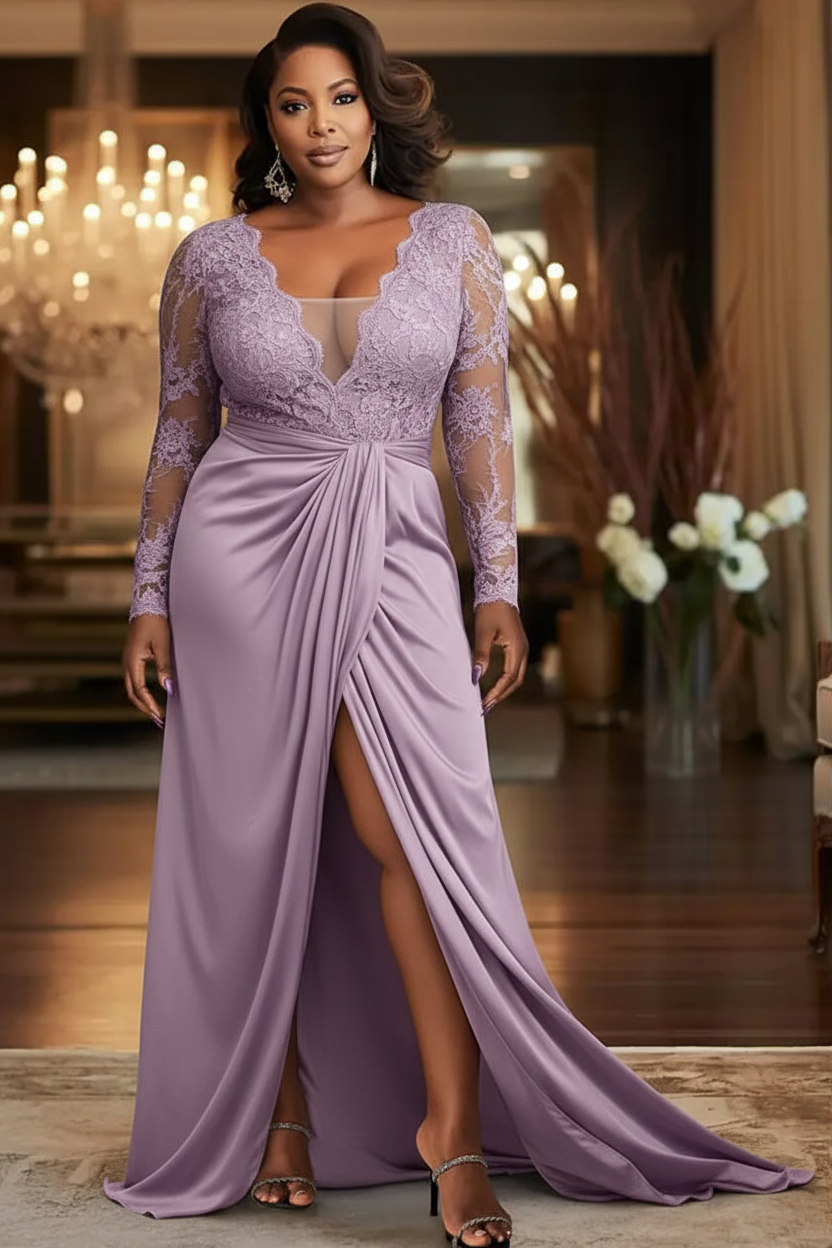 V-Neck Black Mother of the Bride Dress Long Sleeves lace Front Slit Wedding Guest Dress