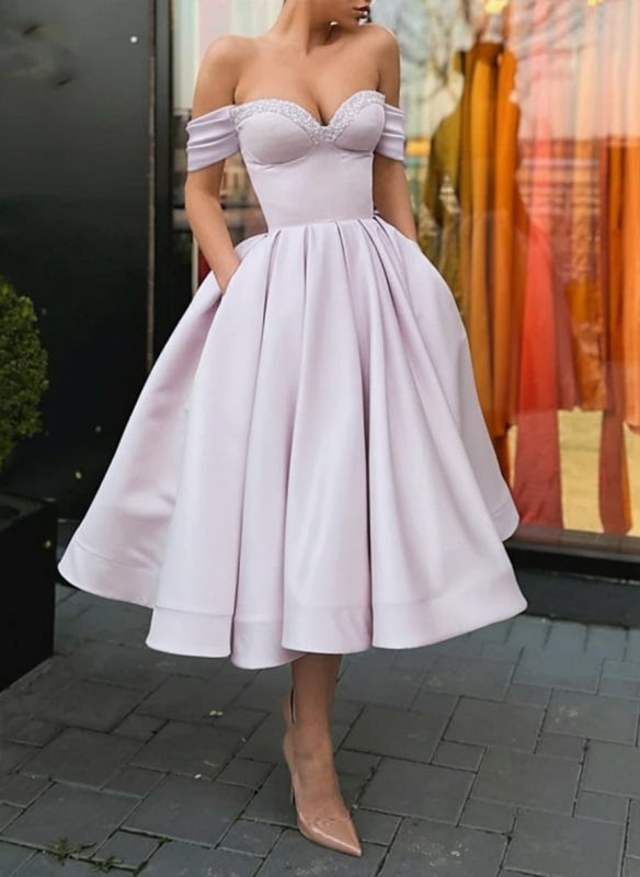 Off Shoulder Satin Tea Length Prom Dresses Sequins Pink Formal Graduation Evening Dresses