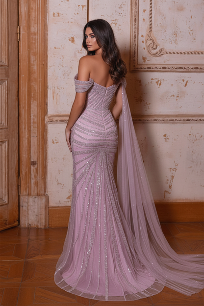 Lavender One-Shoulder Mermaid Prom Dress Sequined Beaded Gown with High Slit