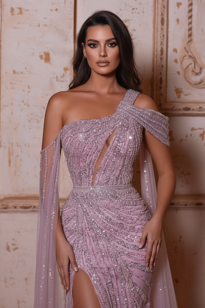Lavender One-Shoulder Mermaid Prom Dress Sequined Beaded Gown with High Slit