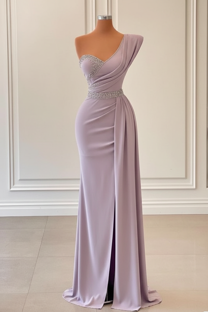 Sage One-Shoulder Split Mermaid Prom Dress With Beadings