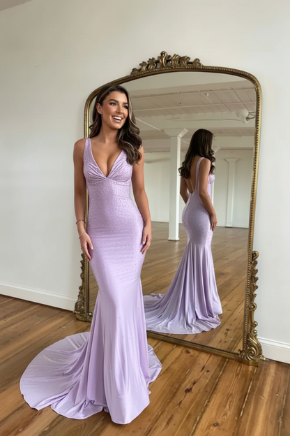 Green Prom Dress Mermaid V Neck Long Evening Dress with Beadings