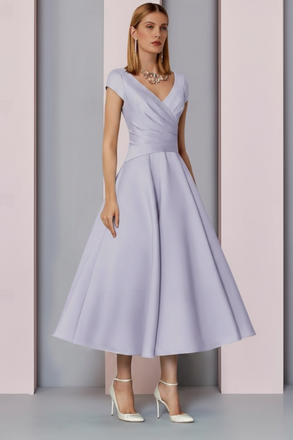 Navy Satin A-Line Mother of the Bride Dress V Neck Tea Length Wedding Guest Dress