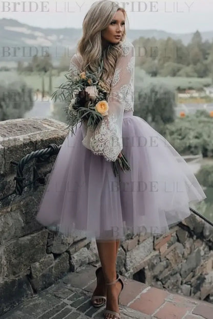 Blue Simple Wedding Dress A Line Designed Neckline Lace Tulle Bridal Gowns