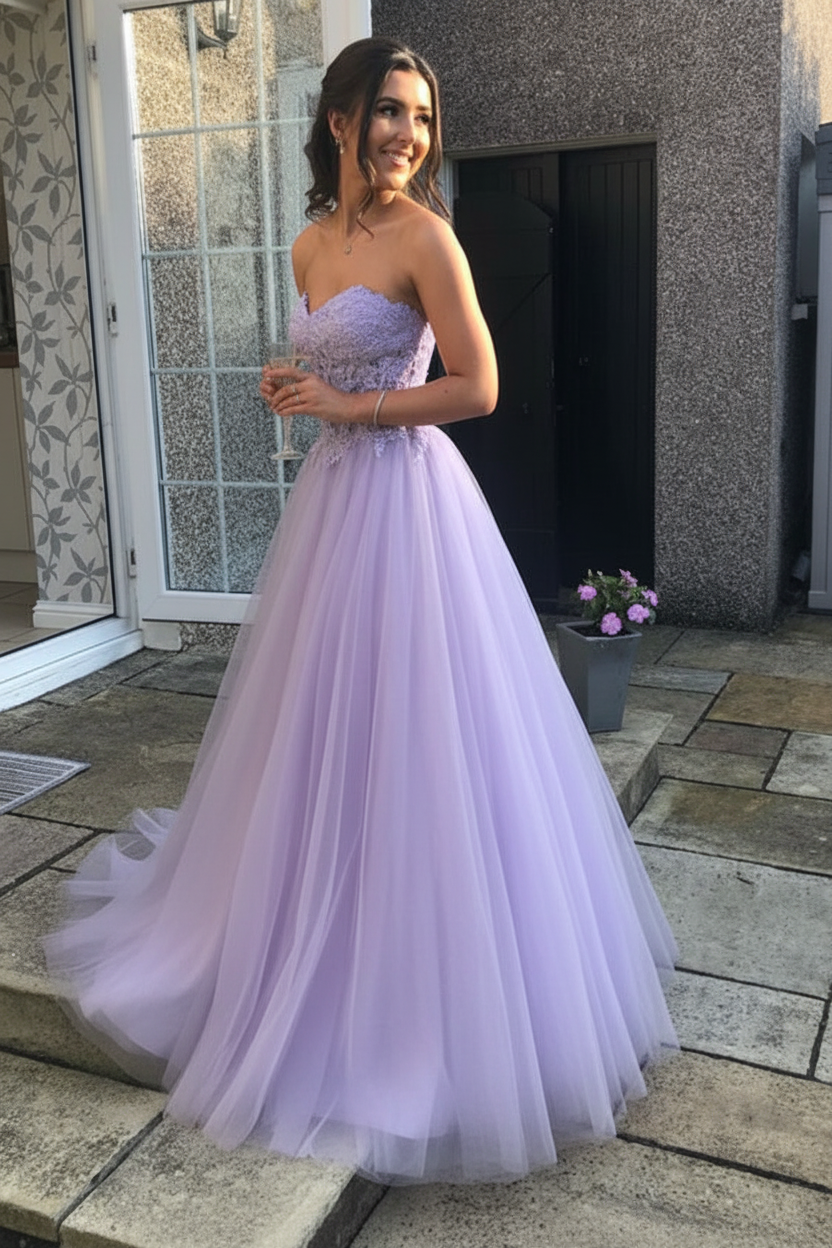 Sweetheart Open Back Pink Lace Long Prom Dresses Tulle Aline Formal Evening Dresses