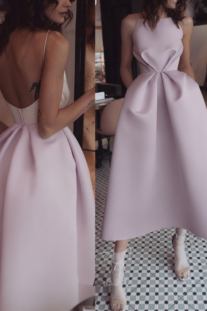 Unique Tea Length Satin Party Spaghetti Straps Backless Prom Dress