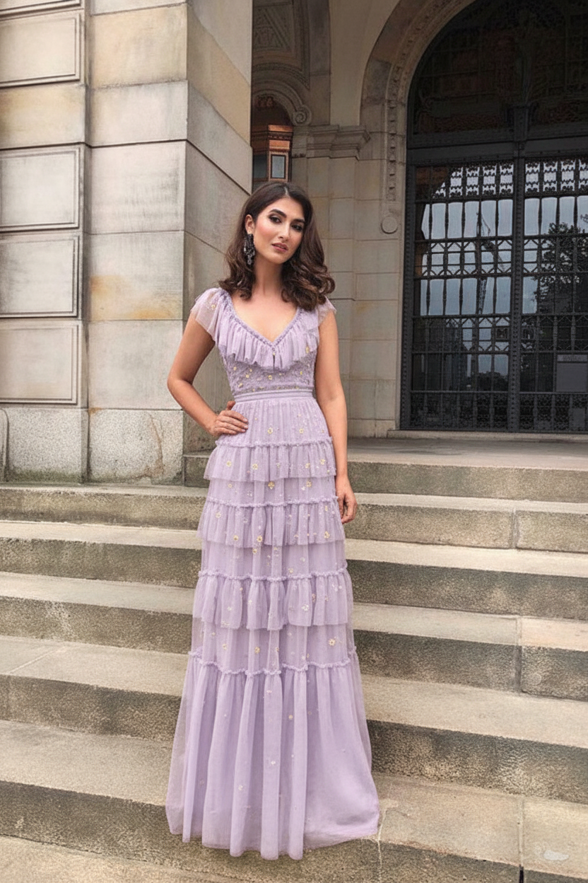 V Neck Ruffles Yellow Tulle Long Prom Dress