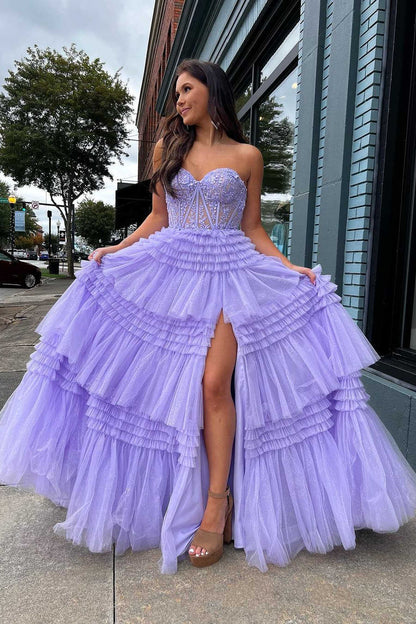 Red Sweetheart Sequins Top Multi-Layers Prom Dress