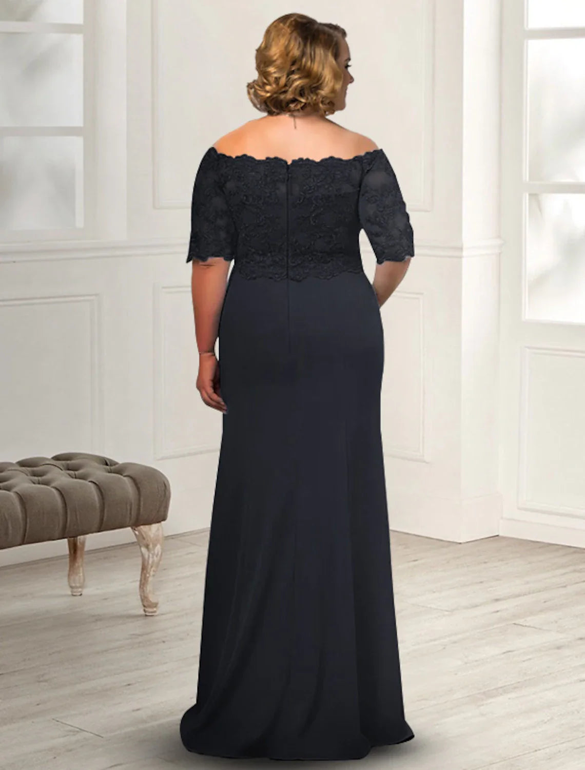 Aimishang  Sheath / Column Mother of the Bride Dress Plus Size Elegant Off Shoulder Floor Length Chiffon Lace Half Sleeve with Appliques