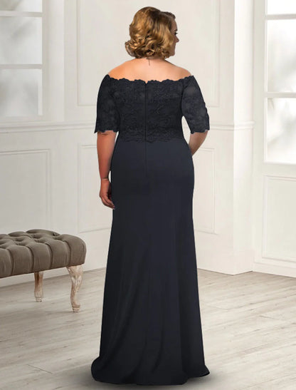 Aimishang  Sheath / Column Mother of the Bride Dress Plus Size Elegant Off Shoulder Floor Length Chiffon Lace Half Sleeve with Appliques