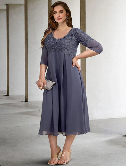 Aimishang  A-Line Mother of the Bride Dresses Plus Size Hide Belly Curve Elegant Dress Formal Tea Length Half Sleeve V Neck Chiffon with Buttons Appliques Fall