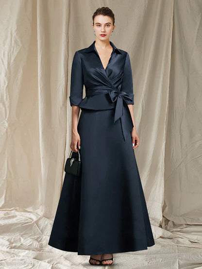A-Line Mother of the Bride Dress Elegant Shirt Collar V Neck Ankle Length Satin Half Sleeve with Bow(s)