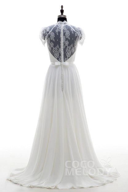 A-Line Sweep-Brush Train Chiffon Wedding Dress LD2676