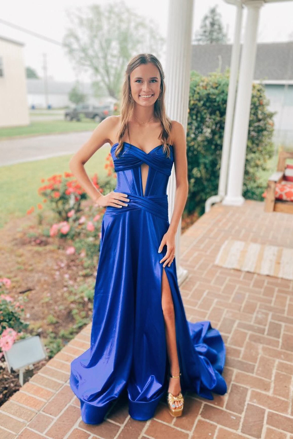 A Line Keyhole Burgundy Satin Slit Sweetheart Prom Dresses