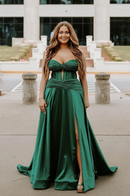 A Line Keyhole Burgundy Satin Slit Sweetheart Prom Dresses