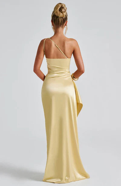 One-Shoulder Luxury lightweight satin Thigh high split Formal Prom Dress