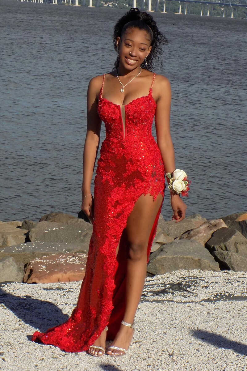 Sequins Lace Spaghetti Straps Long Prom Dress with Slit