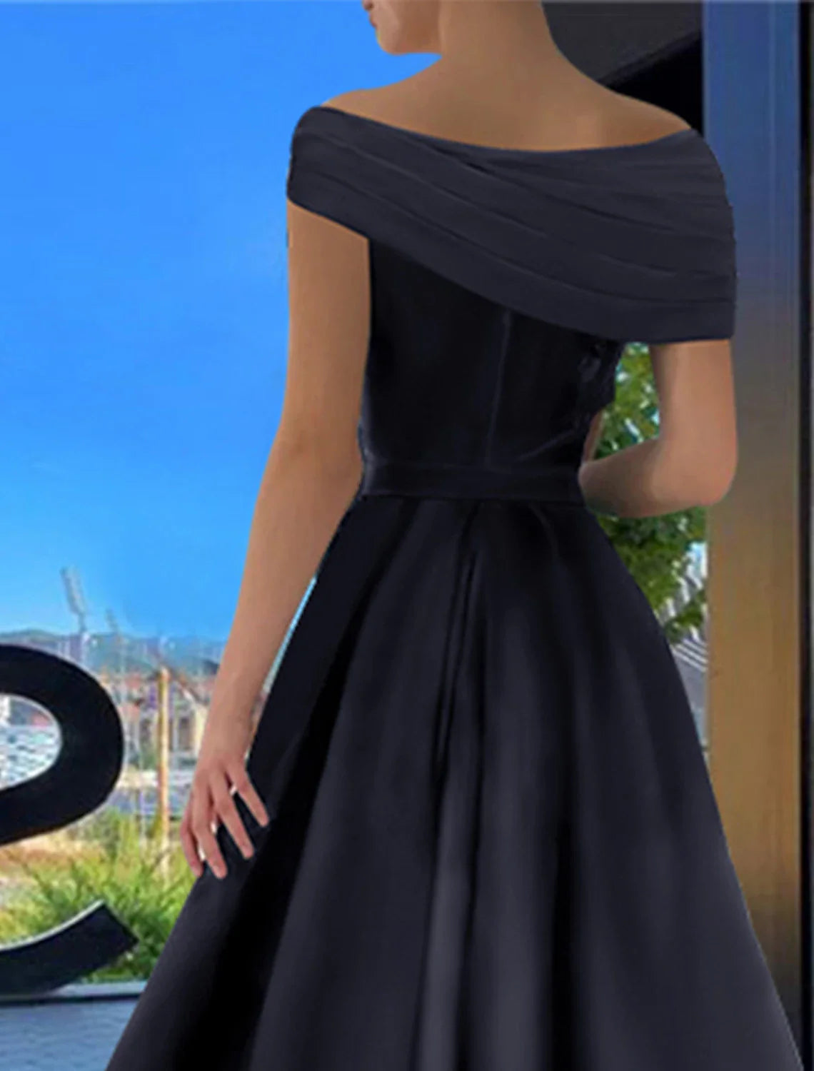 Aimishang A-Line Prom Dresses Black Formal Dress Dress Evening Wedding Guest Floor Length Short Sleeve Off Shoulder Satin with Ruched