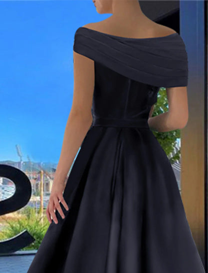 Aimishang A-Line Prom Dresses Black Formal Dress Dress Evening Wedding Guest Floor Length Short Sleeve Off Shoulder Satin with Ruched