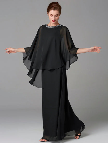 Aimishang  A-Line Mother of the Bride Dress Wedding Guest Plus Size Elegant Jewel Neck Floor Length Chiffon Sleeveless with Beading Fall