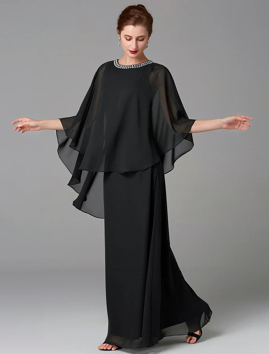 A-Line Mother of the Bride Dress Wedding Guest Elegant Cape Dress Plus Size Jewel Neck Floor Length Chiffon Sleeveless with Beading
