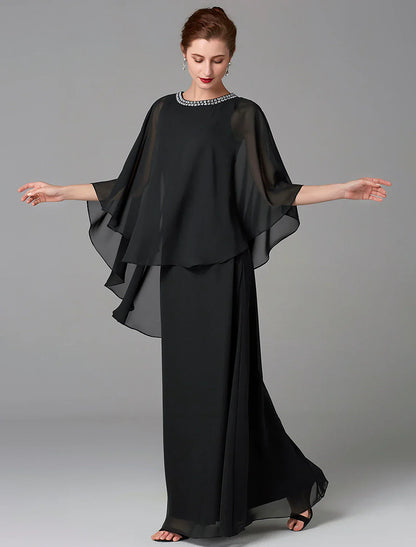 A-Line Mother of the Bride Dress Wedding Guest Elegant Cape Dress Plus Size Jewel Neck Floor Length Chiffon Sleeveless with Beading