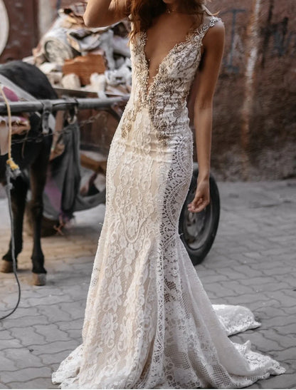 Aimishang Beach Open Back Sexy Boho Wedding Dresses Mermaid / Trumpet V Neck Sleeveless Court Train Lace Bridal Gowns With Appliques