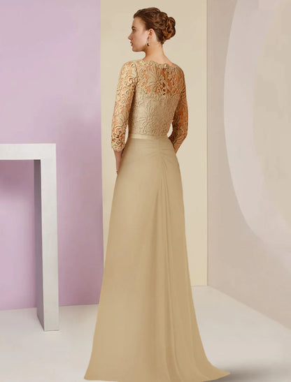 Sheath / Column Mother of the Bride Dress Formal Wedding Guest Party Elegant Scoop Neck Floor Length Chiffon Lace 3/4 Length Sleeve with Bow(s) Appliques