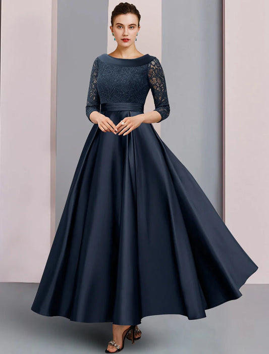 Aimishang  A-Line Mother of the Bride Dress Formal Wedding Guest Elegant Vintage Bateau Neck Ankle Length Satin Lace 3/4 Length Sleeve with Pleats Ruched