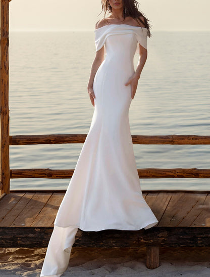 Aimishang Beach Simple Wedding Dresses Mermaid / Trumpet Off Shoulder Cap Sleeve Court Train Satin Bridal Gowns With Ruched