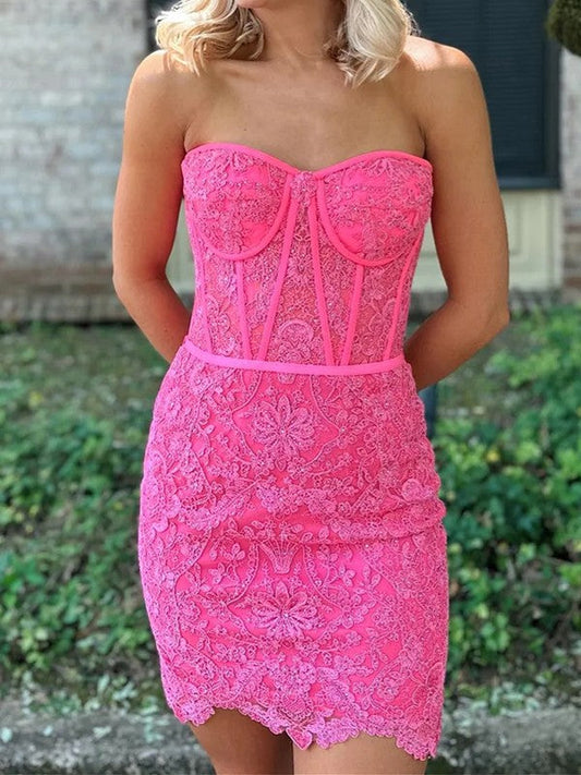 Sheath Column Lace Applique Strapless Sleeveless Short Tight Bra Homecoming Dress