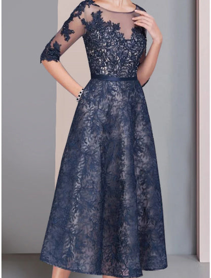 Aimishang  A-Line Mother of the Bride Dress Wedding Guest Elegant Scoop Neck Tea Length Lace Half Sleeve with Ruching Solid Color