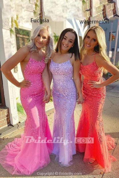 Light Blue Appliques Spaghetti Straps Lace-Up Mermaid Prom Dress