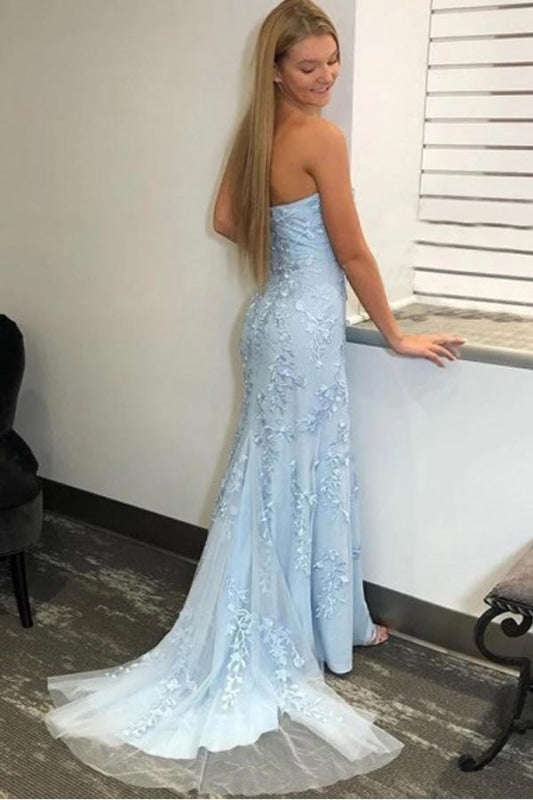 Sky Blue Mermaid Strapless Split Prom Dress With Lace Appliques