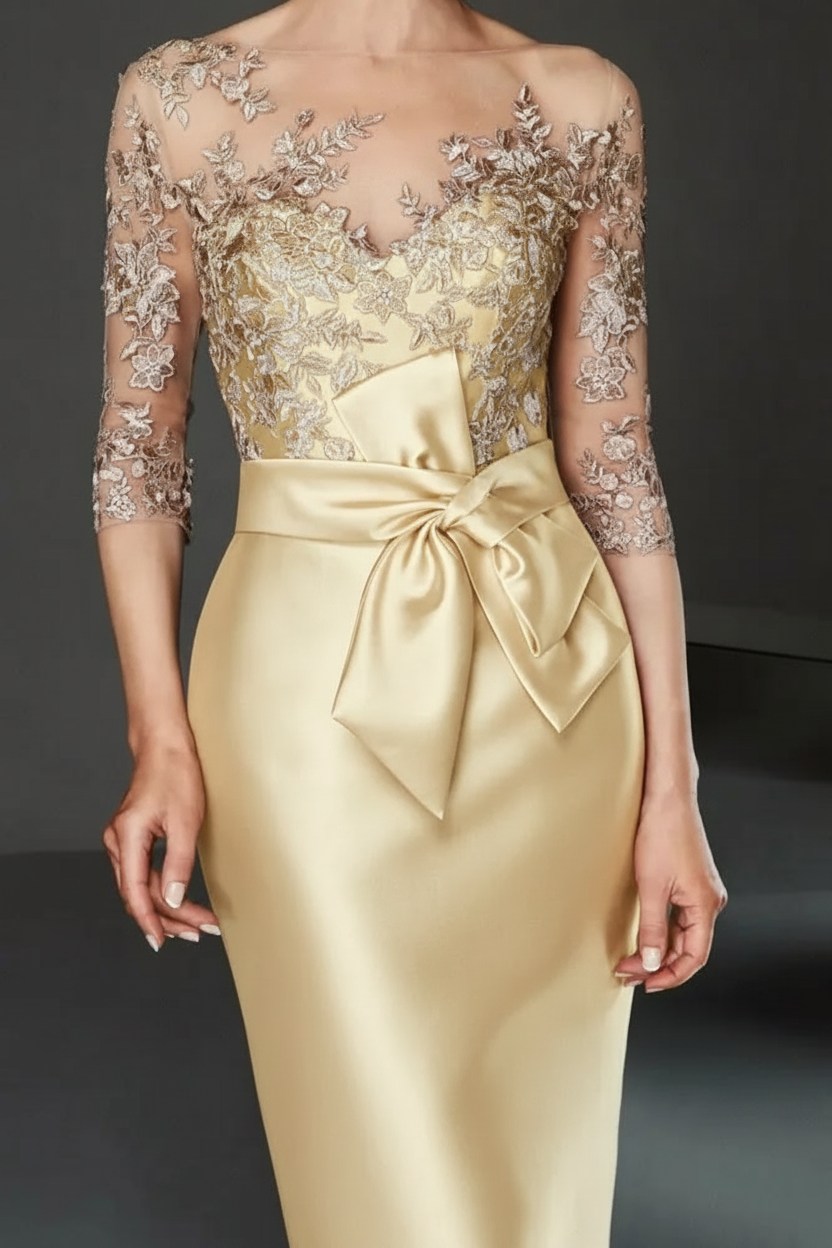 Bateau 3/4 Long Sleeves Satin Mother of the Bride Dresses with Lace