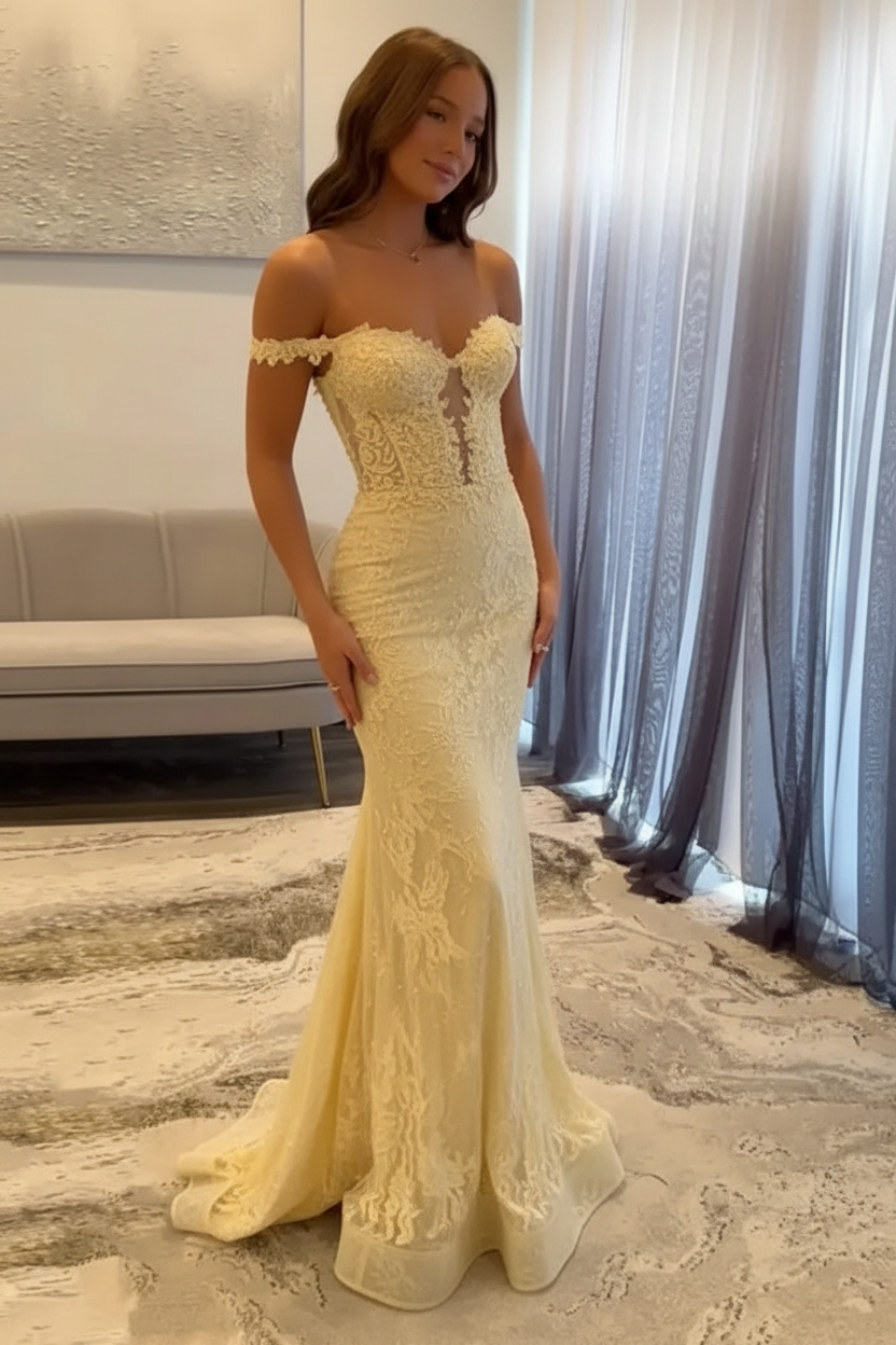 Off-the-Shoulder Mermaid Evening Dress Lace Prom Dress Long