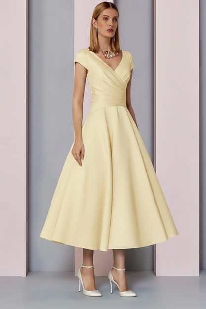 Navy Satin A-Line Mother of the Bride Dress V Neck Tea Length Wedding Guest Dress