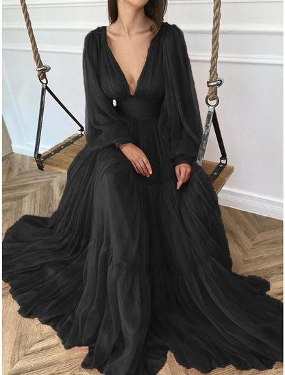 Aimishang A-Line Evening Gown Elegant Dress Red Green Dress Formal Wedding Guest Floor Length Long Sleeve V Neck Chiffon with Ruched