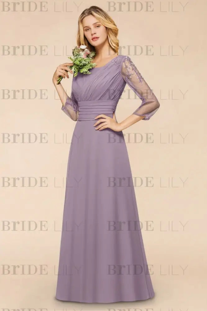 Long Sleeves Aline Bridesmaid Dress Ruffle Chiffon Beadings Wedding Guest Dress
