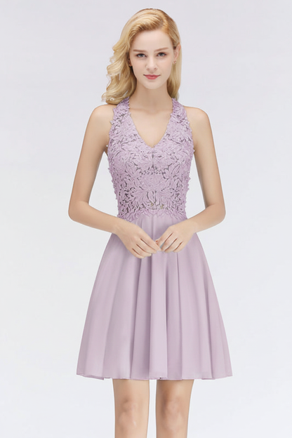 V-Neck Knee Length Floral Lace Birdesmaid Dresses