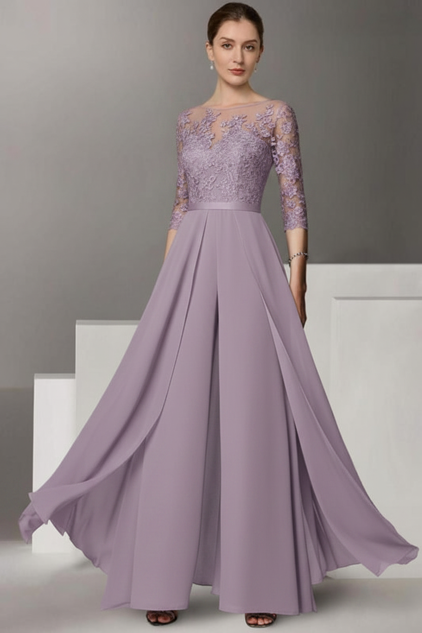 Half Sleeves Chiffon Mother of Bride Jumpsuit with Appliques