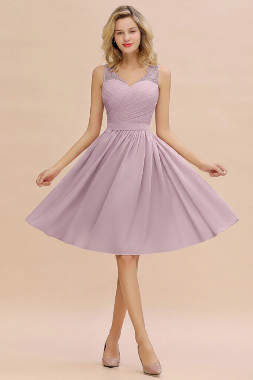 Elegant Ruffle Chiffon Short Bridesmaid Dress Sleeveless V-Neck Aline Knee Length Homecoming Dress