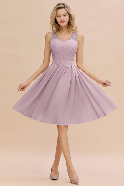Elegant Ruffle Chiffon Short Bridesmaid Dress Sleeveless V-Neck Aline Knee Length Homecoming Dress