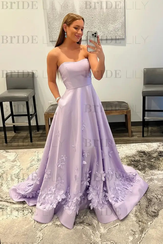 Strapless Light Blue Satin Prom Dresses 3D Flowers A-line Evening Dresses with Pocket